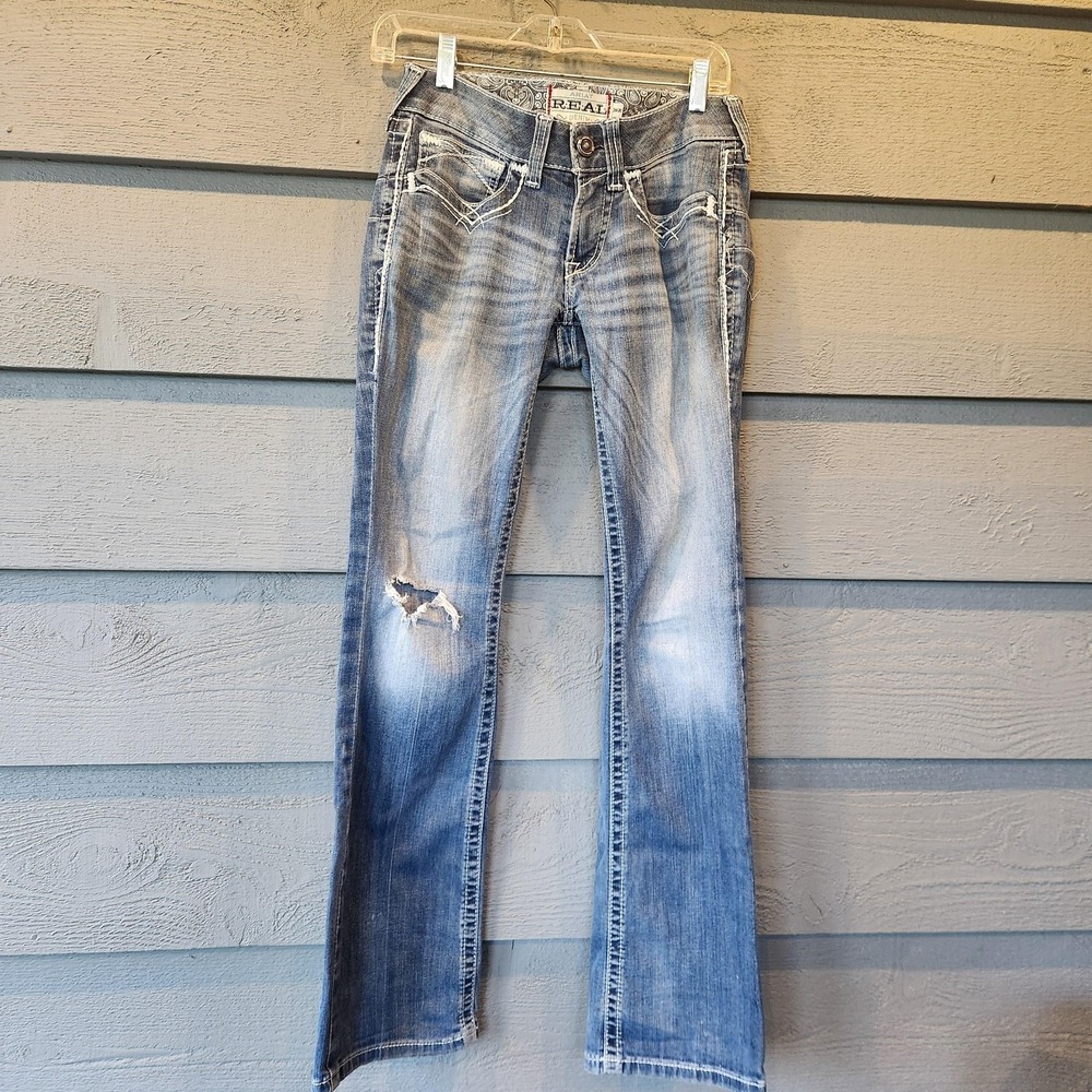 Ariat REAL Denim Jeans Womens 26R Blue Light Wash Slim Bootcut Distressed 26x30